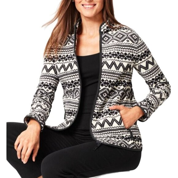 Talbots Geo-Print Fair Isle Polar Fleece Jacket Black & White Size M - Picture 1 of 7
